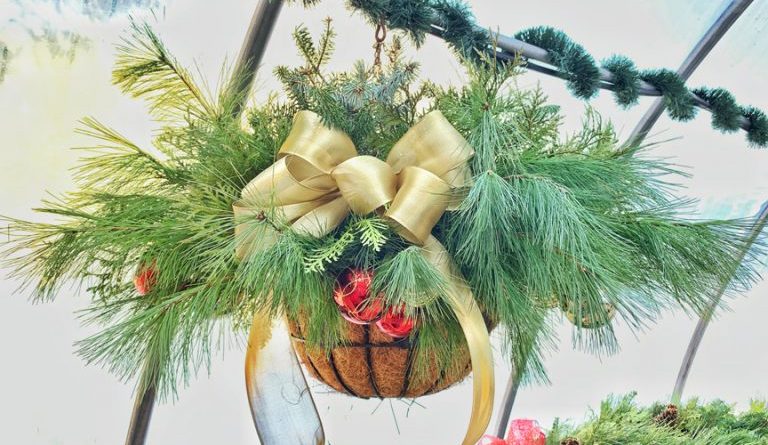 A photo of a hanging Christmas basket.