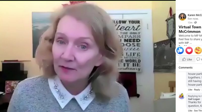 MP Karen McCrimmon on video during her Facebook Live event yesterday.