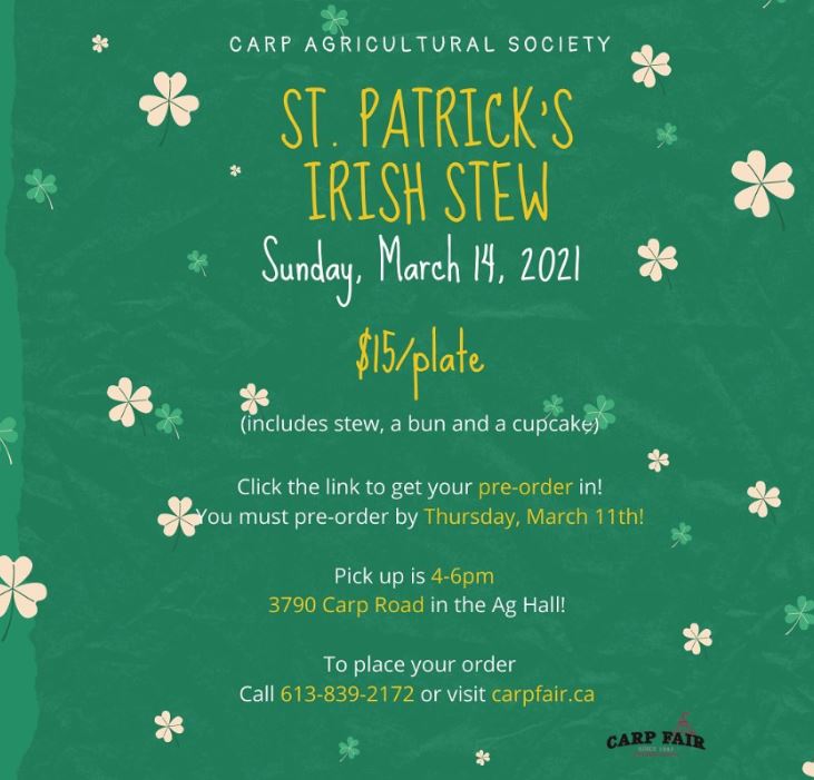 A poster for the Carp Fair Irish stew fundraiser.