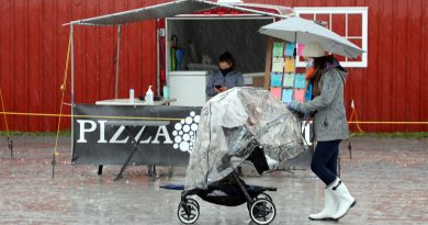 A woman with a stroller walks by a stand at the Carp Farmers' Market