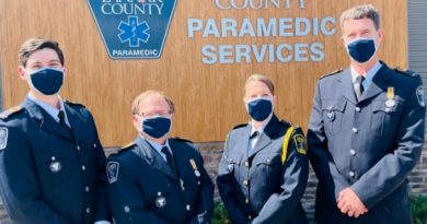 From left are Lanark County paramedics Thomas Quilliam, Bryan Pollock, Janice Steele (superintendent), and Gord Cobus.