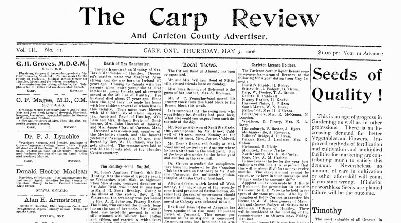 The front page of the May 3, 1906 The Carp Review.