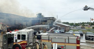 Firefighters battle a fire at a commercial building.