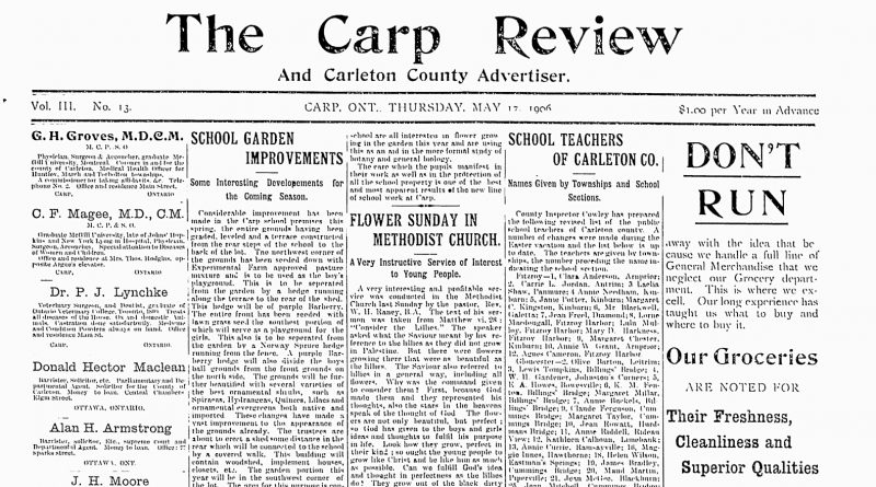 The front page of the May 10, 1906 Carp Review.
