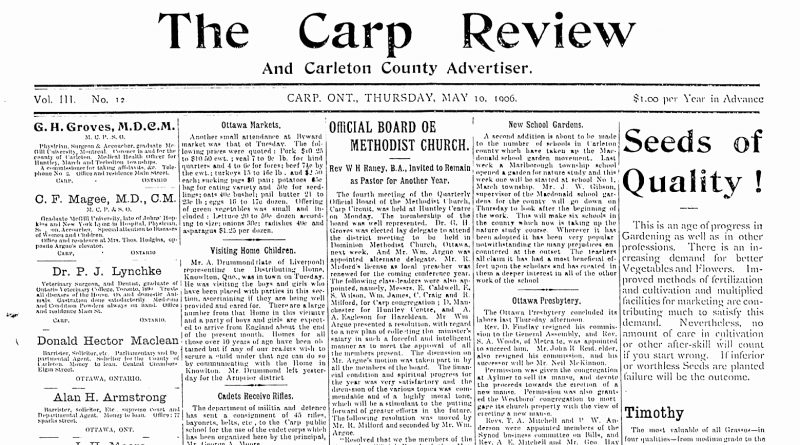 The front page of the May 10, 1906 Carp Review.