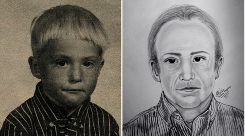 A photo of Adrien as a boy and an artist rendition of how he might look in his 40s.