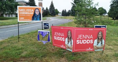 A photo of five elections signs with one damaged.