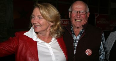 MP Karen McCrimmon, who will not seek re-election, celebrates her second win in 2019 with Kinburn's Jack Shaw.