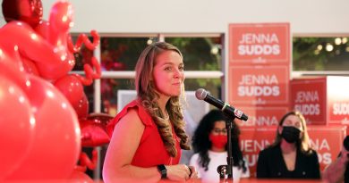 Election winner Jenna Sudds speaks to her supporters.