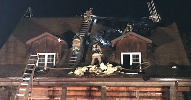 Firefighters fight a blaze on the top of a log home's roof.