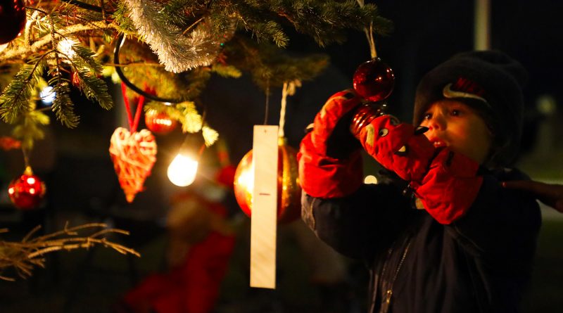 A young boy looks at one of the ornaments.