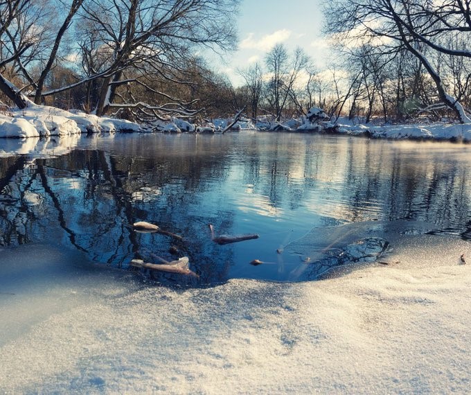 A photo of an icy pond.