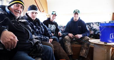A photo of people ice fishing in a shack.