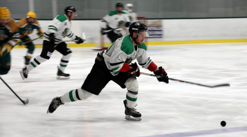 A hockey player skates down the ice.