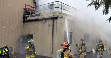 Firefighers battle a fire.