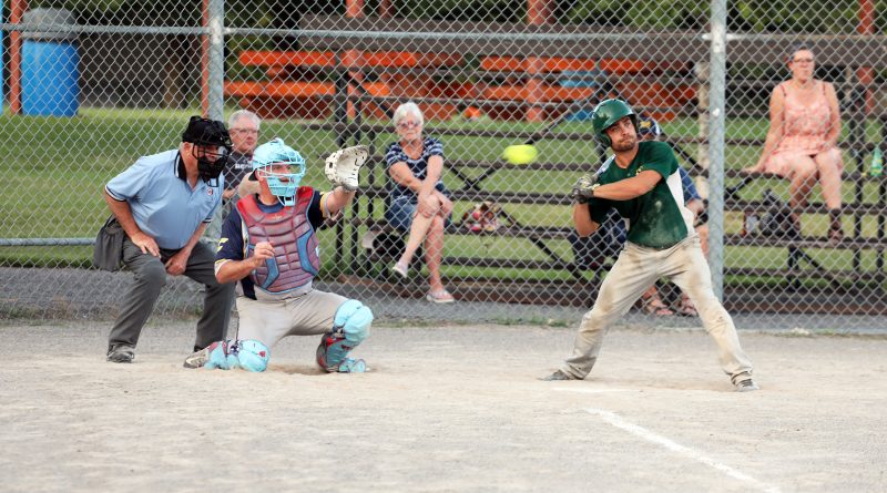 A photo of a catcher catching a pitch.