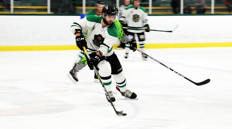 A photo of a player playing hockey.