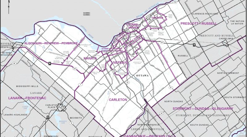 A map of West Carleton divided by the new proposed ridings.