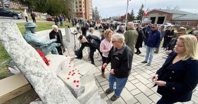 A photo of people laying their poppies on a war memorial.