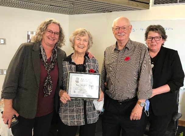 Betty received the Bert McIntyre Memorial Award in 2021. She is shown here holding her certificate with (l-r): Kathy Preston, Ernie Preston and Tracy Kelso.