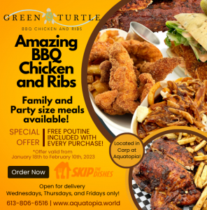 An advertising for Green Turtle BBQ Chicken and Ribs.