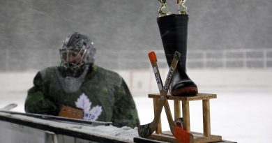 A goalie standing in a snowstorm.