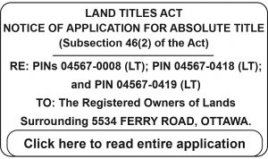 An ad for a Land Titles Act application. Click the photo for a text version of the application.