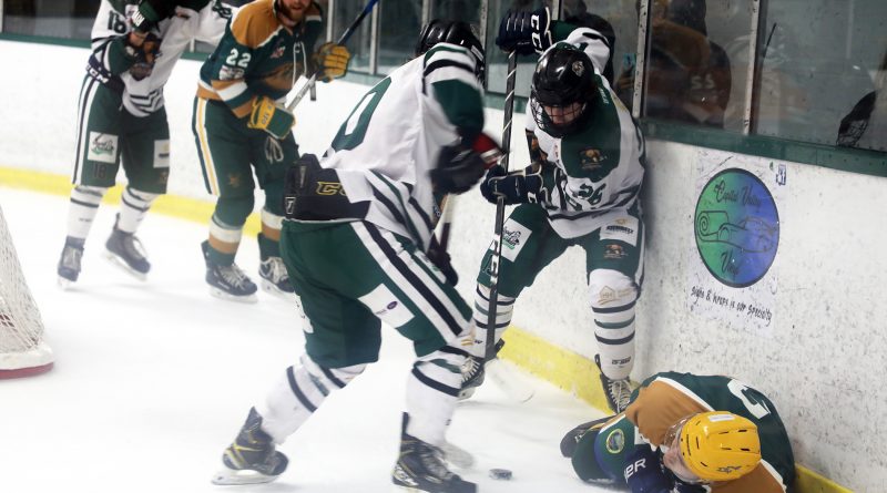 Two players battle for a puck.