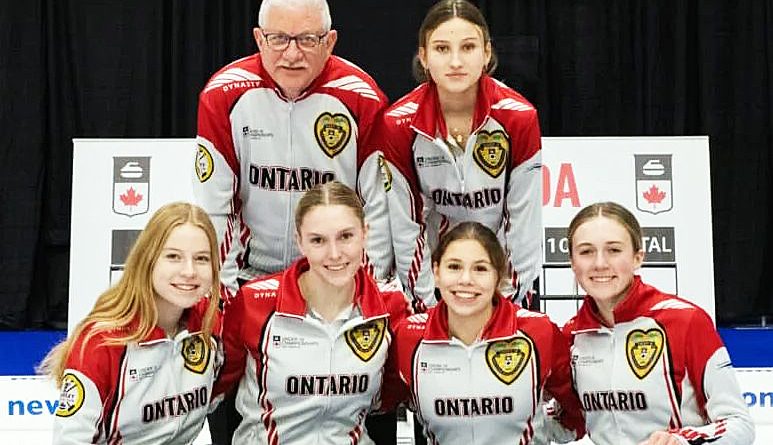 Team Frlan pose for a photo at nationals. In the top row, from left, are coach Andy Broder and spare Robynn Krasek. In front are Katrina Frlan, Erika Wainright, Isabella McLean and Lauren Norman.