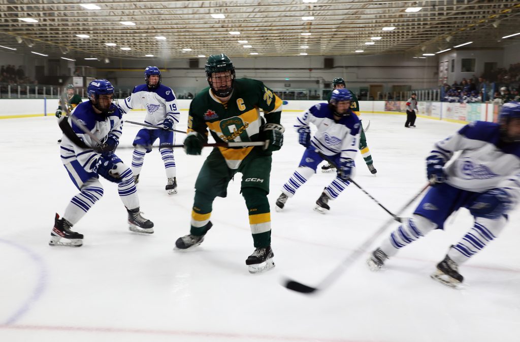 Players battle in front of the net.