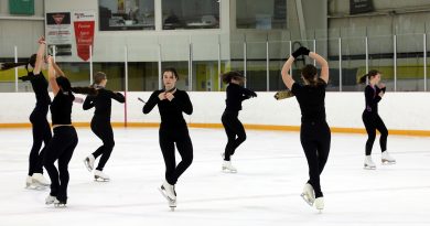 A group of skaters perform a routine.