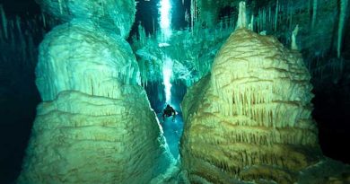 A photo of a diver in a cavern.