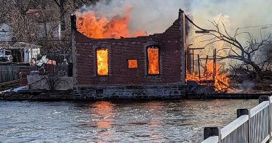 A photo of a burning building.