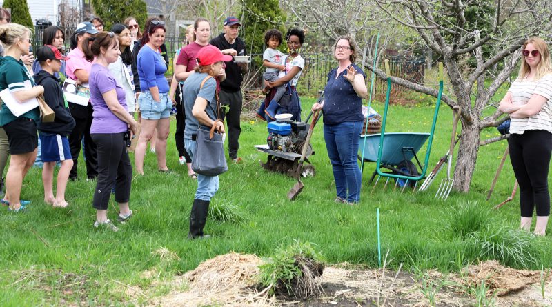 A photo of a person showing a group of people how to garden.
