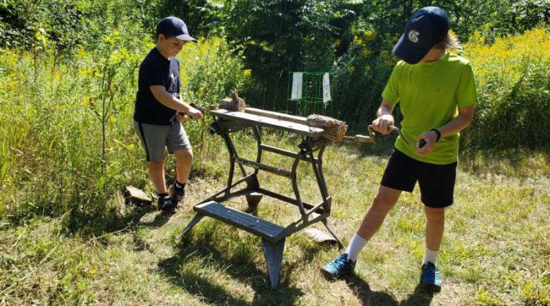 Two kids work on a sawhorse in the forest.