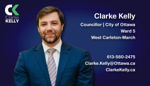 A business card for Ward 5 Coun. Clarke Kelly.