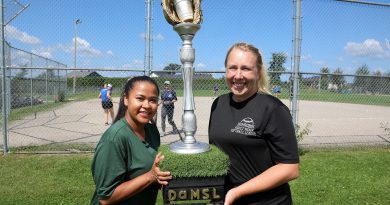 From left, 2023 team organizers Rosey Matternich and Lauren DeRoche pose with the DASL championship trophy mad by the third organizer Laurie Darras, who was absent at the time of the photo. Photo by Jake Davies