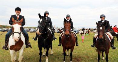 Four people on horses pose for a photo.