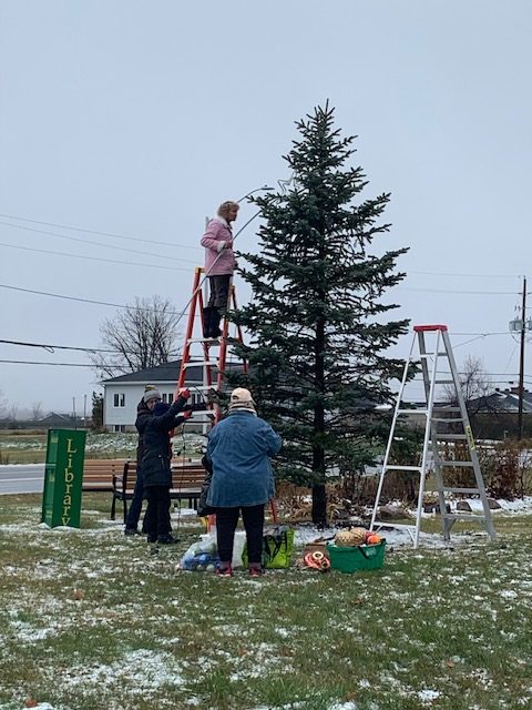 People decorate a tree on a ladder.