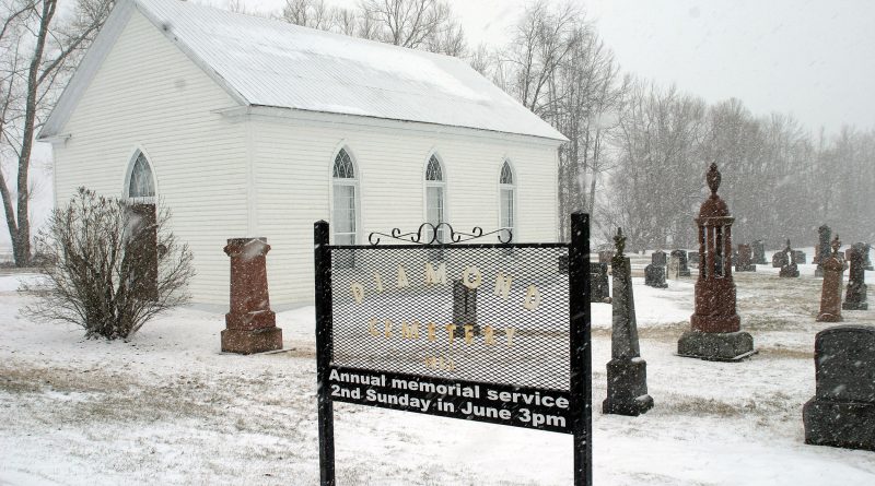 A photo of a church and cemetery near Kinburn.