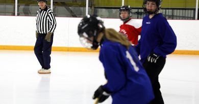 A person referees broomball.