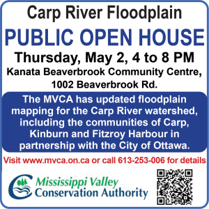 An ad for an MVCA open house May 2 to discuss new floodplain mapping. Click the ad for a screen-readable message on the meeting.