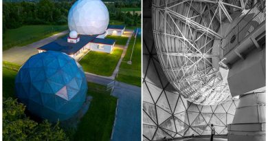 two photos, one of the outside of the antenna building and one of the antenna.