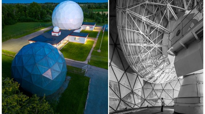 two photos, one of the outside of the antenna building and one of the antenna.