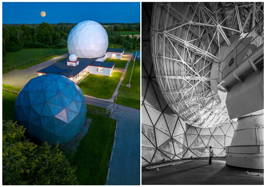 two photos, one of the outside of the antenna building and one of the antenna.