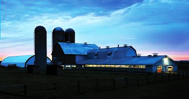 A photo of a barn at dusk.