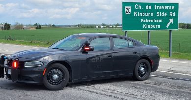 A photo of a police car parked on the highway.