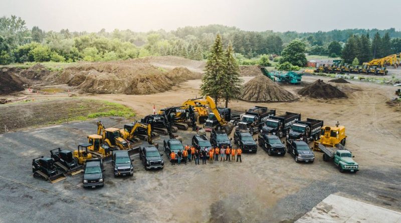 An aerial photo of trucks.