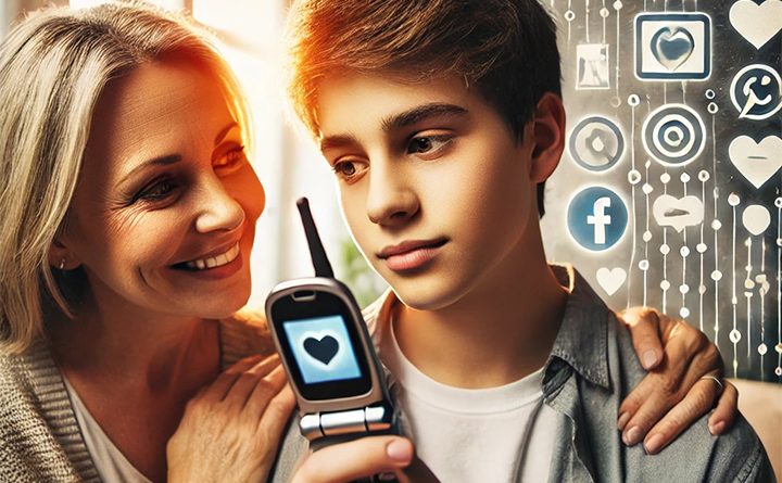An image of a parent and son and cellphone.