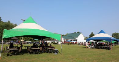 A photo of tents and the community centre.